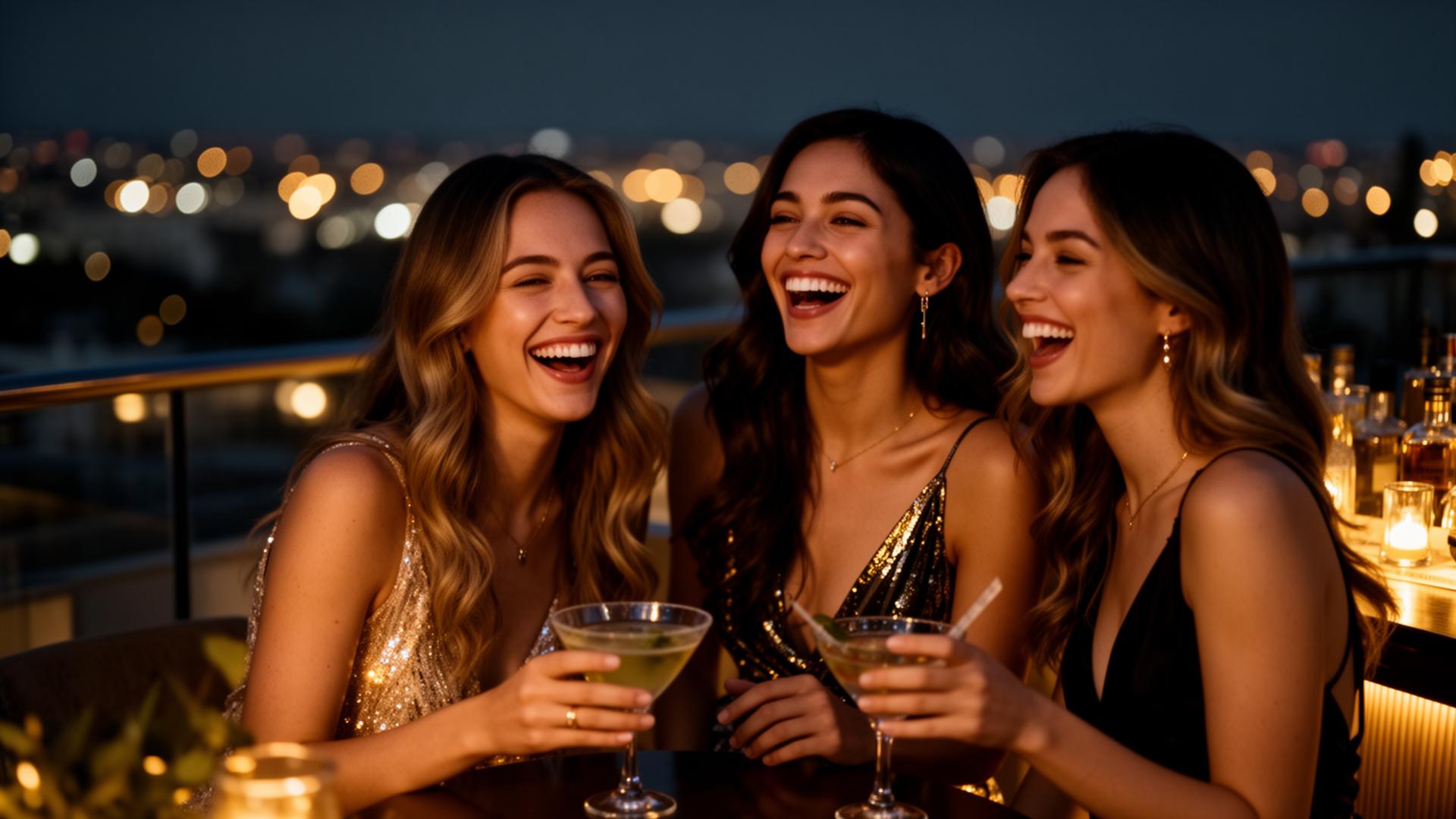 Stylish women laughing at a rooftop bar at night