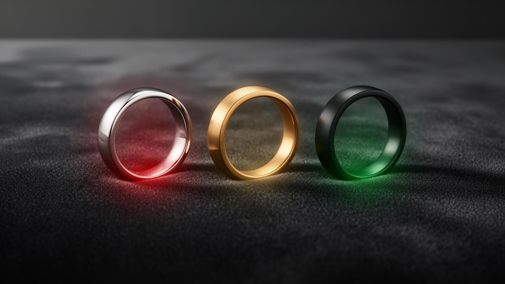 Three HALO rings in silver, gold and black with subtle glow